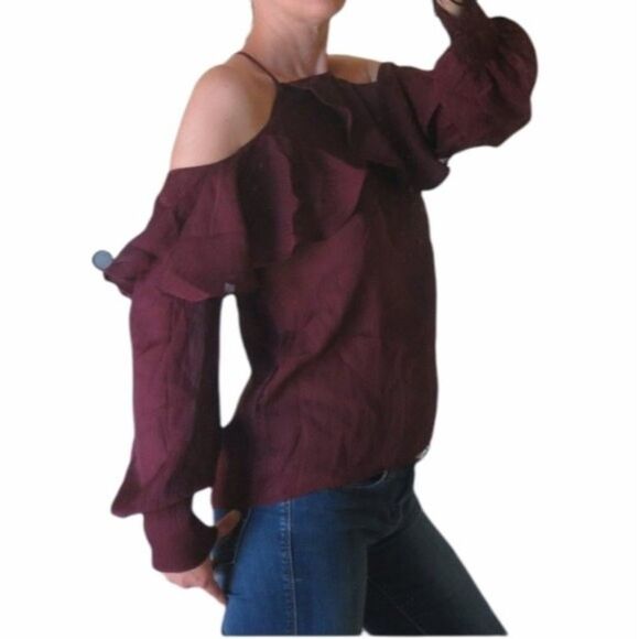 Line and Dot long sleeves ruffles open shoulders top blouse size Small - Picture 2 of 9